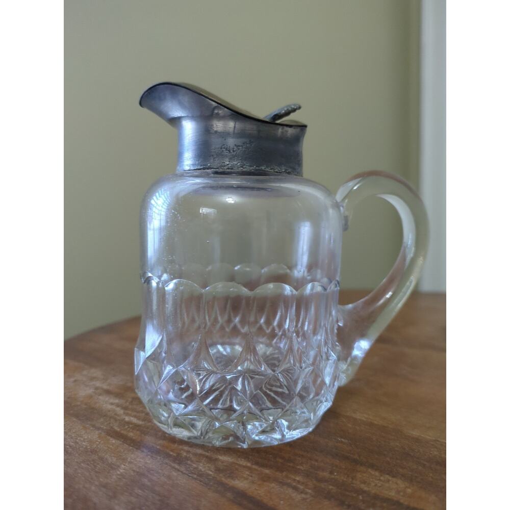Antique Heavy Cut Glass Syrup Pitcher With Hinged Lid